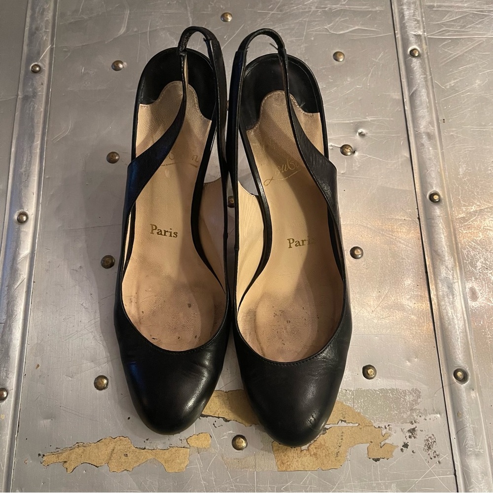 Louboutin Black Leather Sling-back Heels Size 37